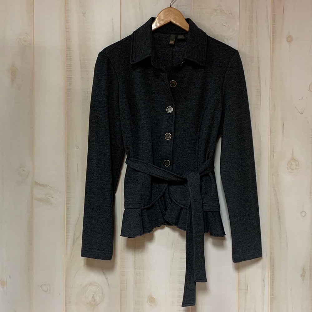 Serenade Charcoal Gray Ruffle Belted Jacket L